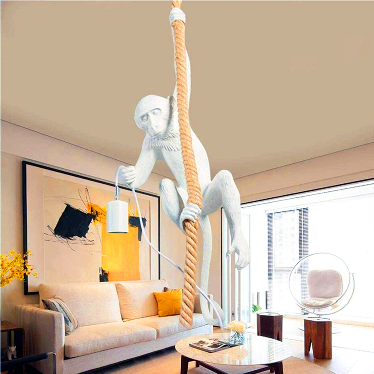 Lumitek White Resin Monkey Art Hemp Rope Pendant Chandelier